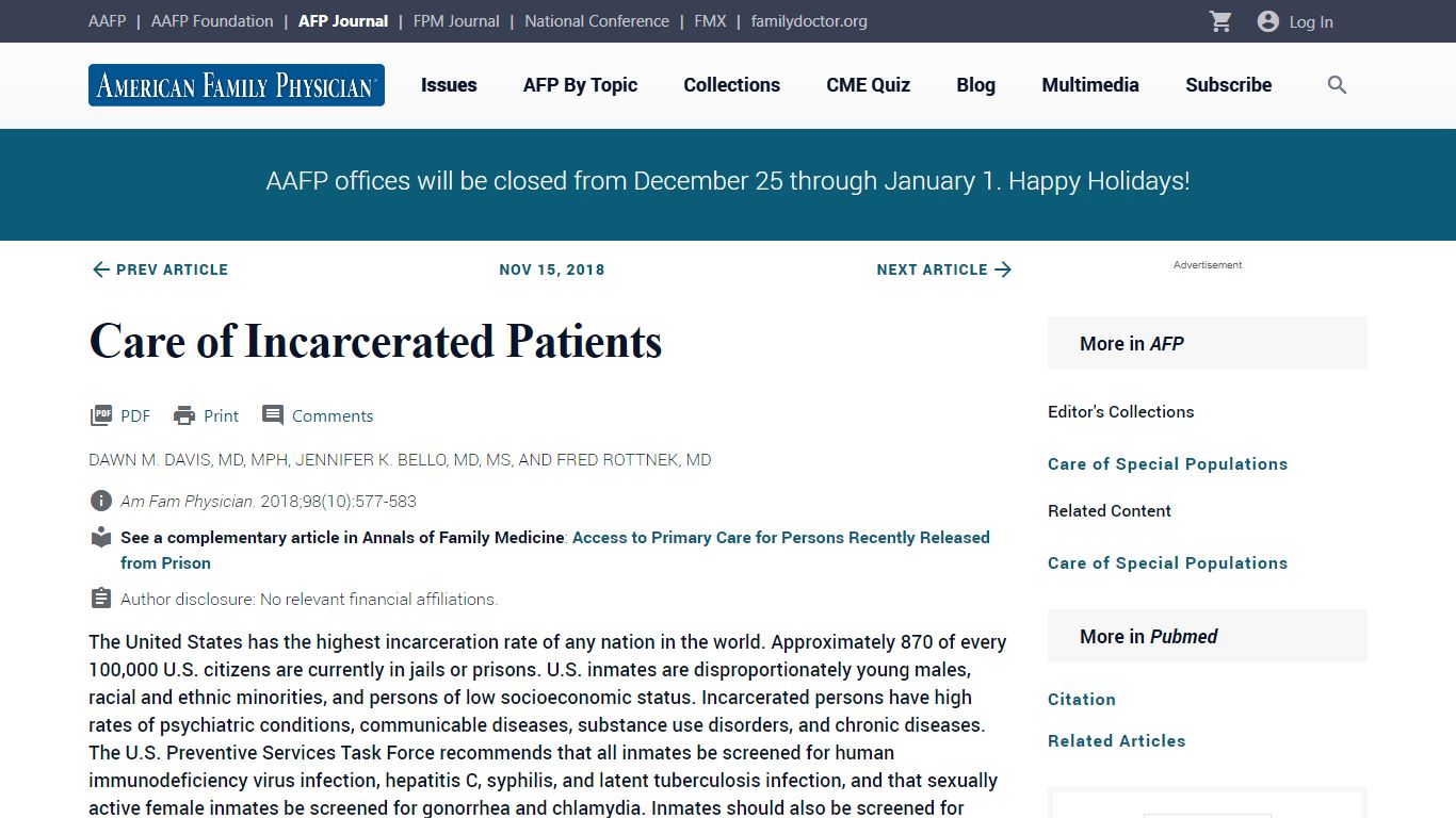 Care of Incarcerated Patients | AAFP